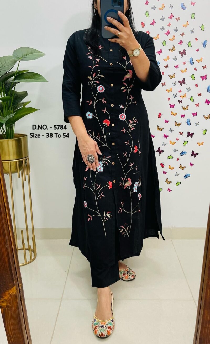 Plus/Regular Size Beautiful Black Cotton Slub Kurta With Pant Set