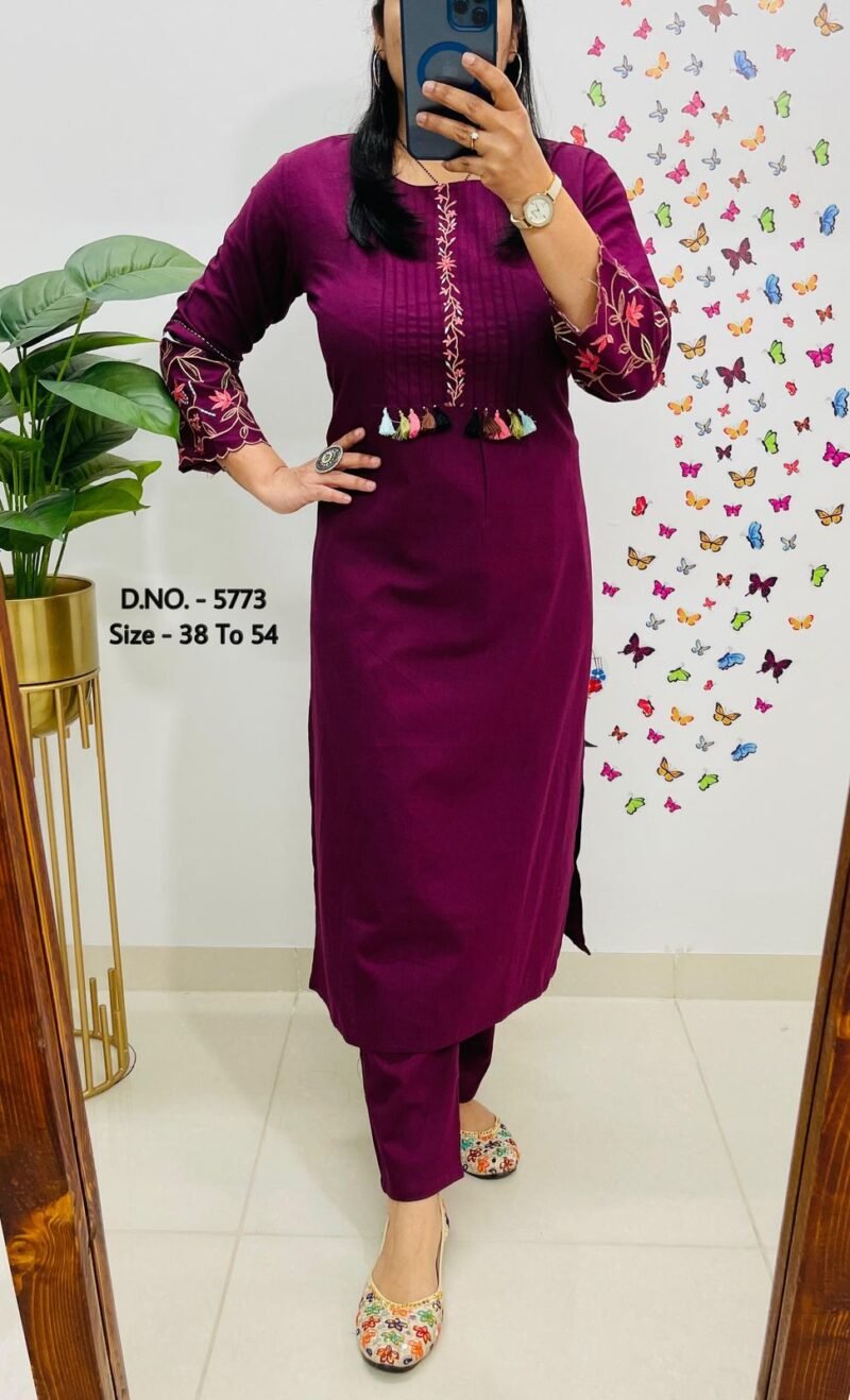 Plus/ Regular Size Embroidered Cotton Wine Kurta Set Readymade