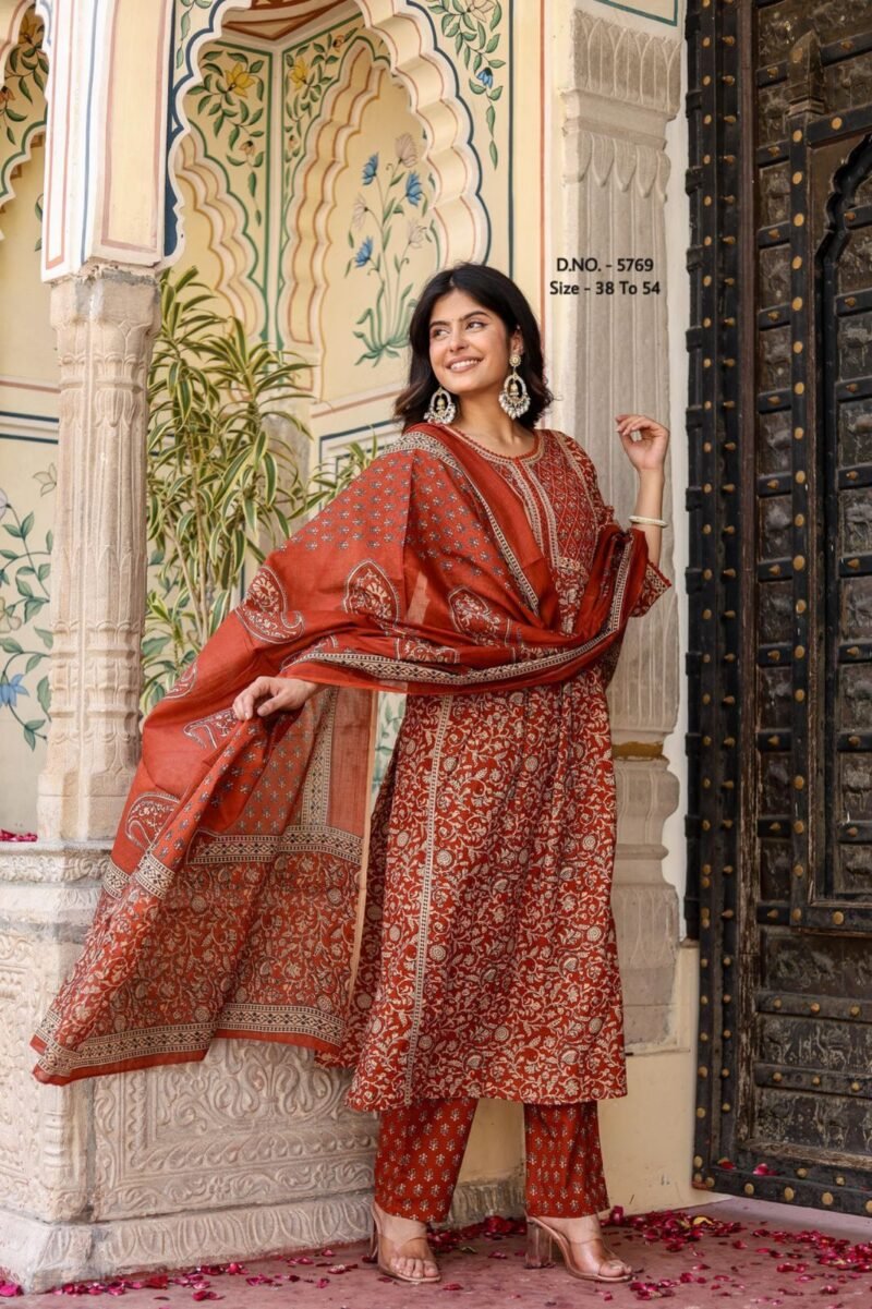 Plus/ Regular Size Dress Cotton 3p Kurta Pant Dupatta Set Readymade - Image 2