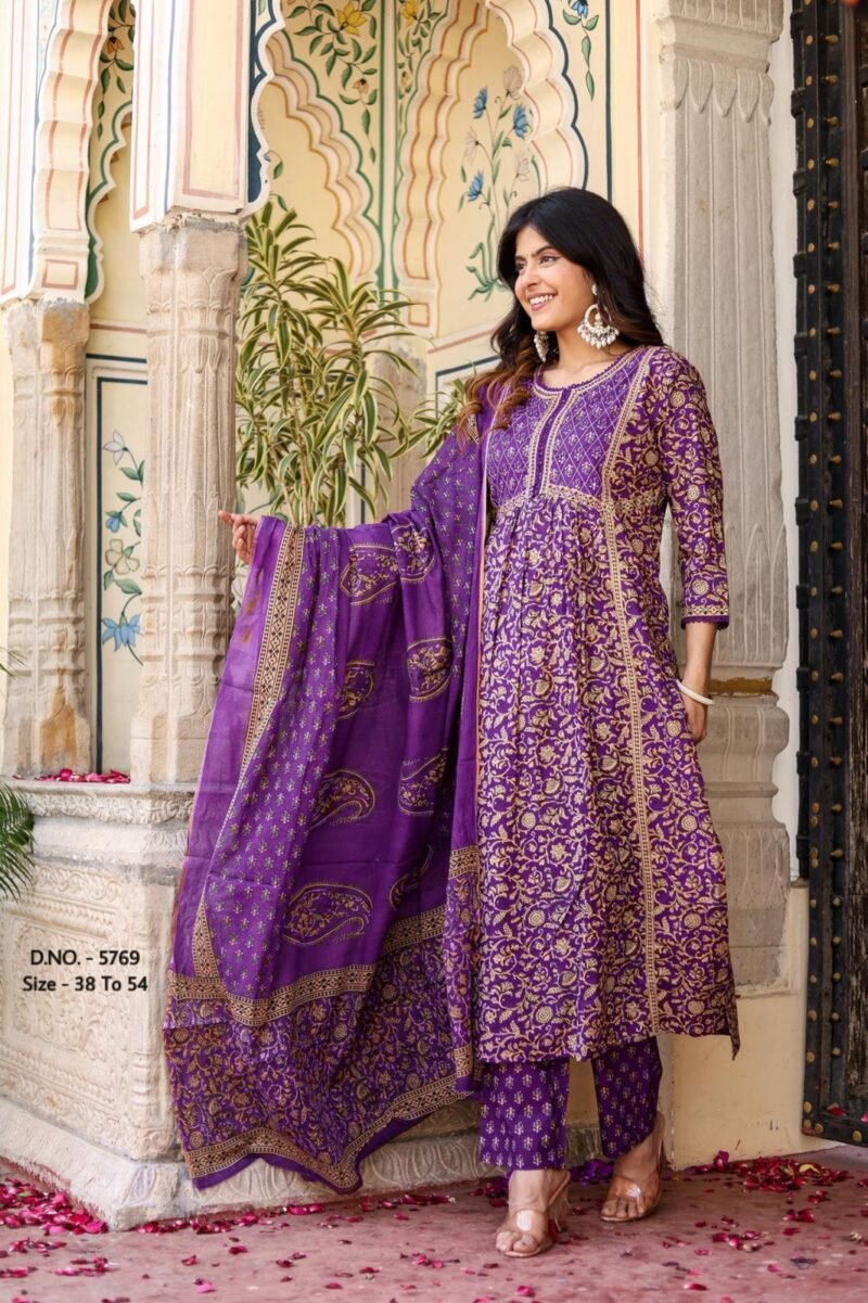 Plus/ Regular Size Cotton 3p Kurta Pant Dupatta Set Readymade - Image 3