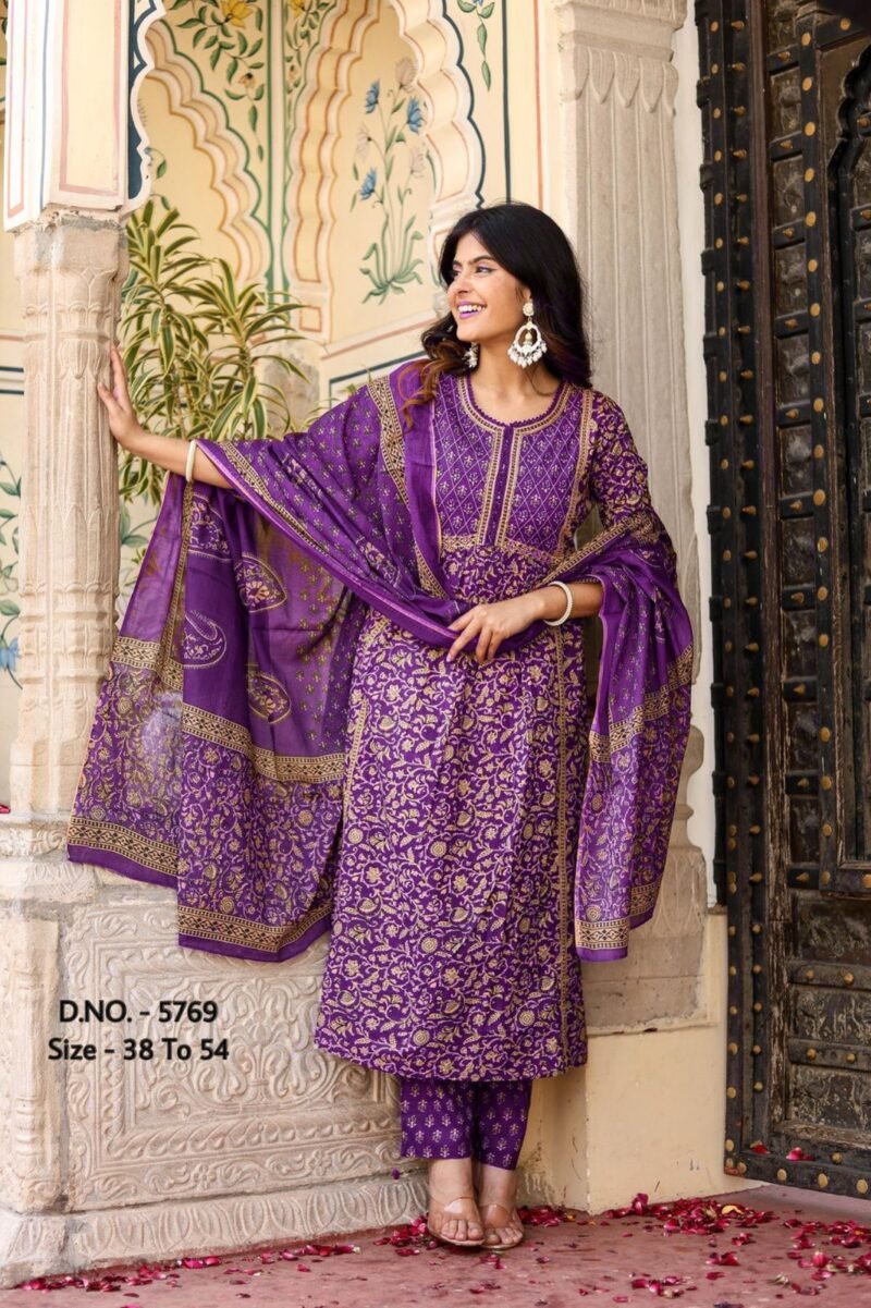 Plus/ Regular Size Cotton 3p Kurta Pant Dupatta Set Readymade - Image 5