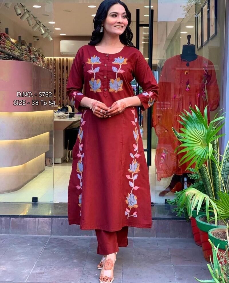 Plus/ Regular Size Red Cotton Embroidered  Anarkali Suit