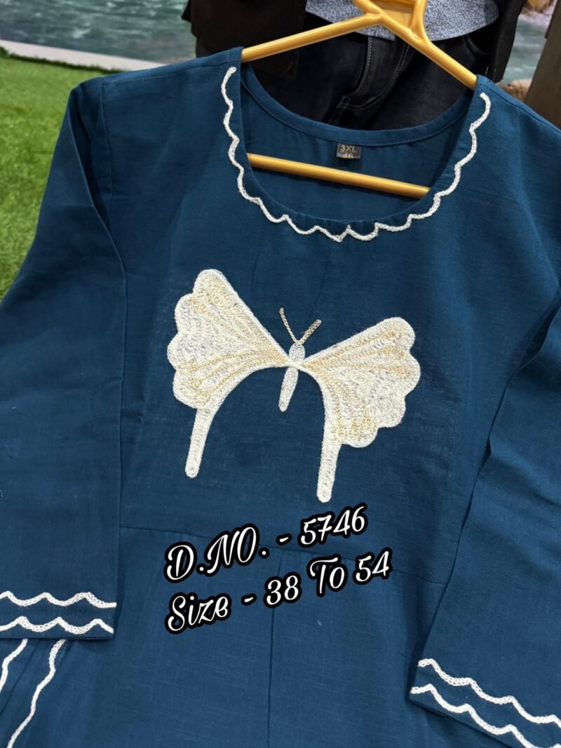 Plus Size Cotton Blue Long Kurta with Side Cut Dress Stitched - Image 4